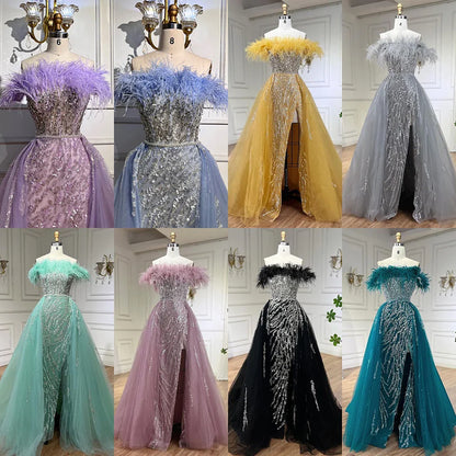 Blue Diamond Feather Mermaid Evening Dress With Overskirt LA72061