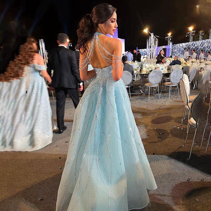 Serene Hill Blue Halter Sleeveless Mermaid Elegant Overskirt Beaded Evening Gown 2025 Formal Party Dresses For Women LA72054