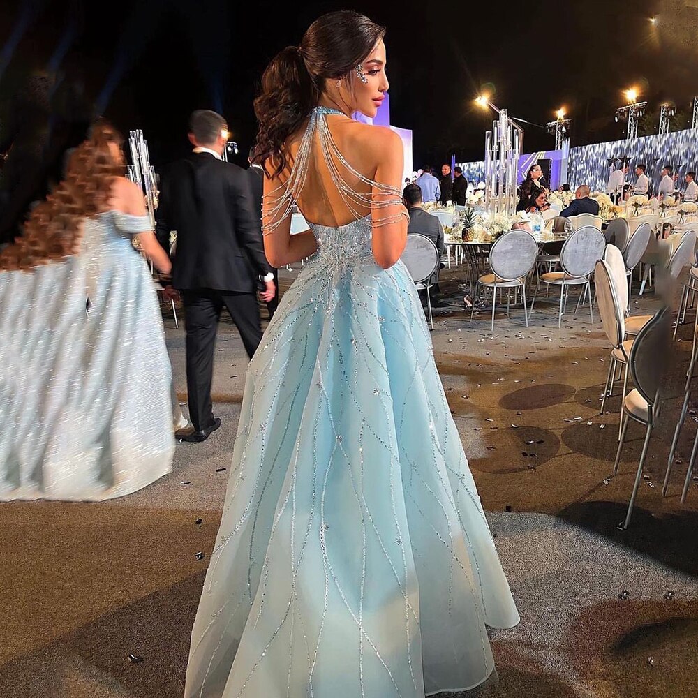 Serene Hill Blue Halter Sleeveless Mermaid Elegant Overskirt Beaded Evening Gown 2025 Formal Party Dresses For Women LA72054