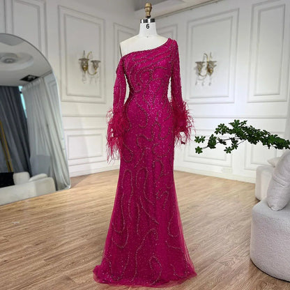 Serene Hill Blue Mermaid Elegant One-Shoulder Beaded Feathers Luxury Evening Dress Gown for Women's Wedding Party 2025 LA72395
