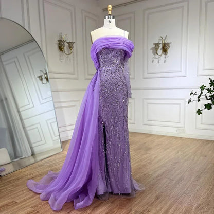 Serene Hill Blue Mermaid Elegant One Shoulder Evening Dresses Gowns Luxury Pearls Beaded For Women Wedding Party 2025 LA72244