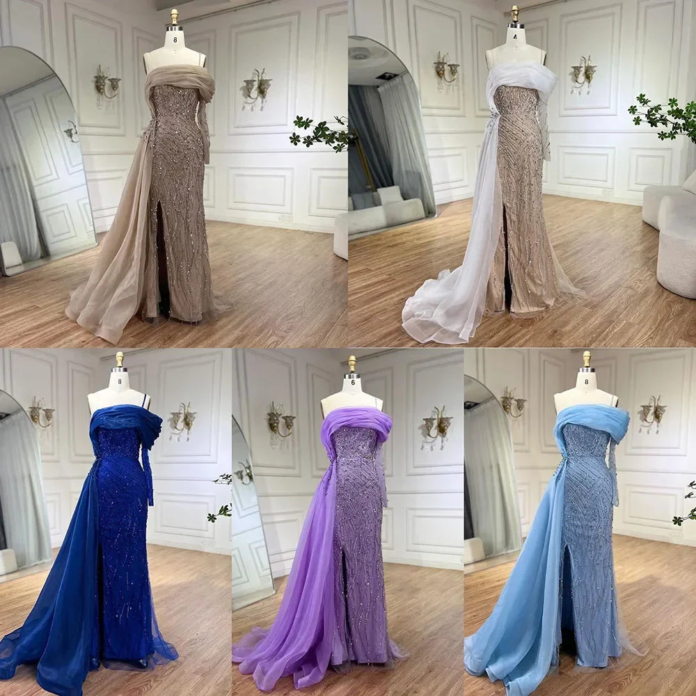 Serene Hill Blue Mermaid Elegant One Shoulder Evening Dresses Gowns Luxury Pearls Beaded For Women Wedding Party 2025 LA72244