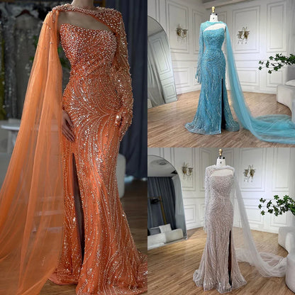 Luxury Dubai Blue Mermaid Long Cloak High Split Beaded Pearls Luxury Evening Dresses Gowns For Women Wedding Party  LA72268