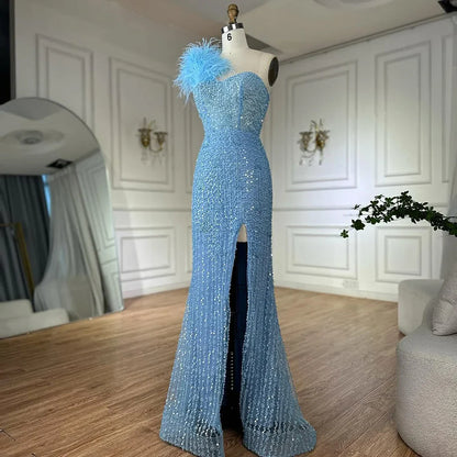 Luxury Dubai Blue Mermaid One Shoulder Beaded Evening Gown High Split and Feathers for Formal Occasion  LA72347A