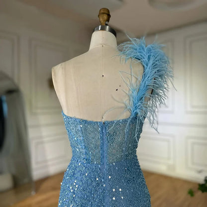 Luxury Dubai Blue Mermaid One Shoulder Beaded Evening Gown High Split and Feathers for Formal Occasion  LA72347A