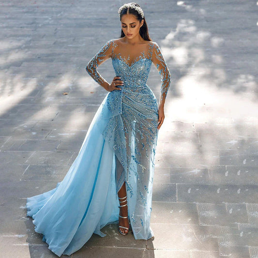 On Sale  no return no refundSerene Hill Blue Mermaid Sexy High Split Elegant With Skirt Lace Beaded Evening Dresses Gowns For Women Party  LA71781