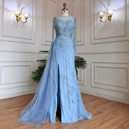 On Sale  no return no refundSerene Hill Blue Mermaid Sexy High Split Elegant With Skirt Lace Beaded Evening Dresses Gowns For Women Party  LA71781