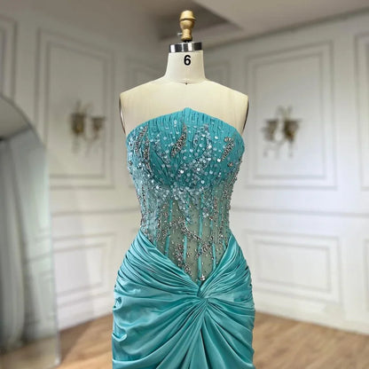 Serene Hill Blue Split Mermaid Luxury Beaded Arabic Dubai Evening Dresses Gowns for Women Wedding Party  LA72572