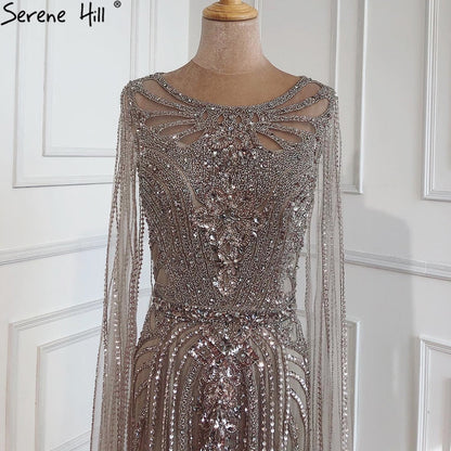 Luxury Brown Beaded Mermaid Evening Dress with Cape Sleeves LA70638