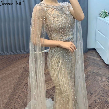 Luxury Brown Beaded Mermaid Evening Dress with Cape Sleeves LA70638