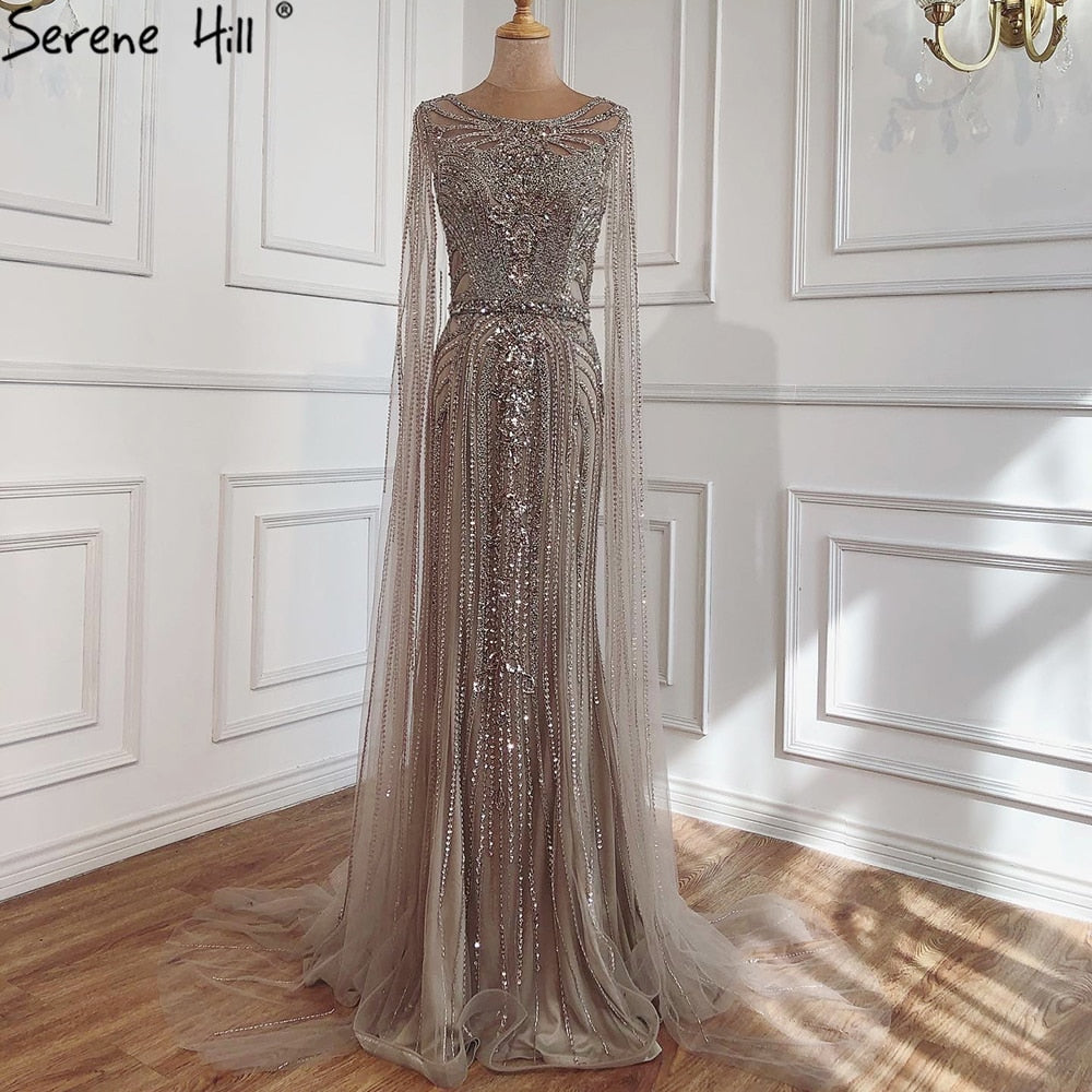 Luxury Brown Beaded Mermaid Evening Dress with Cape Sleeves LA70638