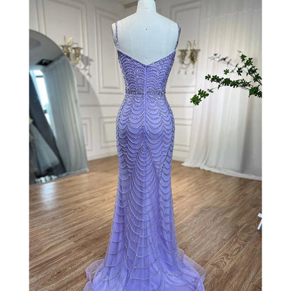 On Sale  no return no refund  Luxury Dubai Lilac Elegant Spaghetti Strap Split Beaded Formal Luxury Arabic Mermaid Evening Dresses for Formal Occasion  LA72109