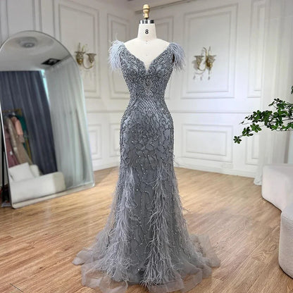 Serene Hill Champagne Mermaid Elegant Evening Dresses Diamond Feathers Sleeveless Formal Luxury Beaded  LA70350