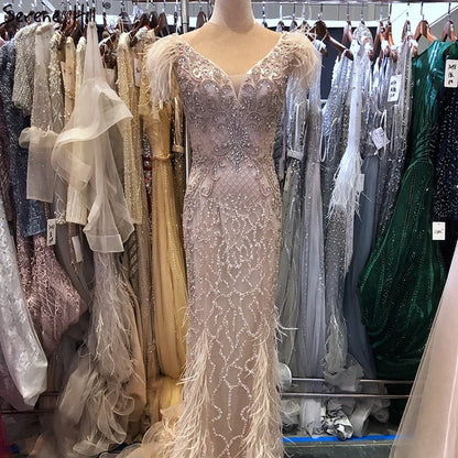 Serene Hill Champagne Mermaid Elegant Evening Dresses Diamond Feathers Sleeveless Formal Luxury Beaded  LA70350