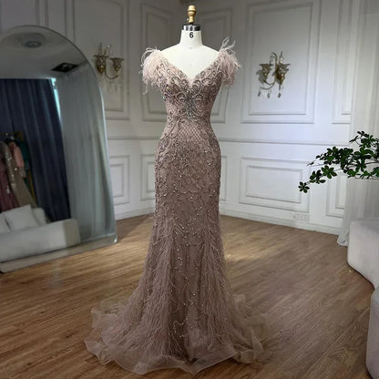 Serene Hill Champagne Mermaid Elegant Evening Dresses Diamond Feathers Sleeveless Formal Luxury Beaded  LA70350