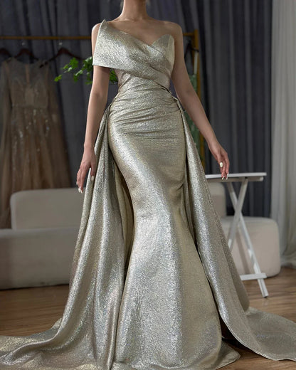 Luxury Dubai Customize  Champagne Mermaid Evening Dress with Off Shoulder and Tie Design for Formal Occasion LA70626A
