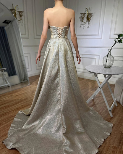 Luxury Dubai Customize  Champagne Mermaid Evening Dress with Off Shoulder and Tie Design for Formal Occasion LA70626A