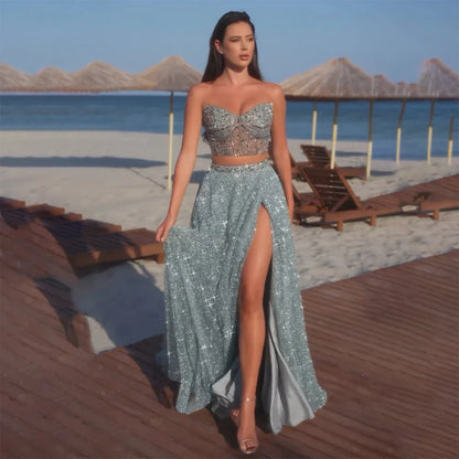 Luxury Dubai Customize  Saudi Turquoise Two-Piece Evening Dress with High Split for Formal Occasion LA72786