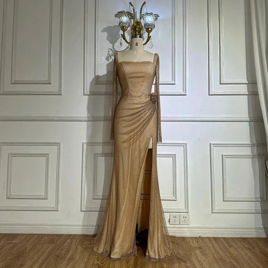 Luxury Dubai Customize  Nude Elegant High Split Beaded Mermaid Saudi Arabic Evening Dresses Gown For Formal Occasion LA72801A
