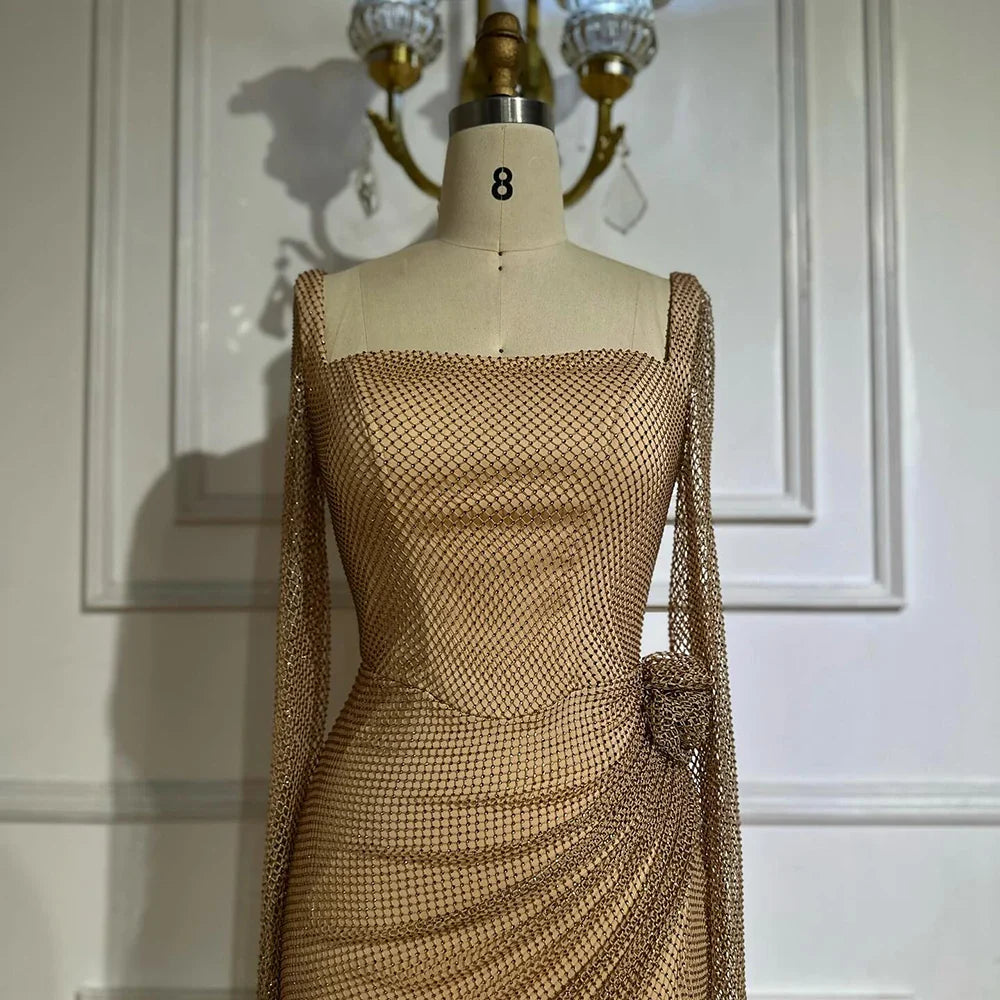 Luxury Dubai Customize  Nude Elegant High Split Beaded Mermaid Saudi Arabic Evening Dresses Gown For Formal Occasion LA72801A