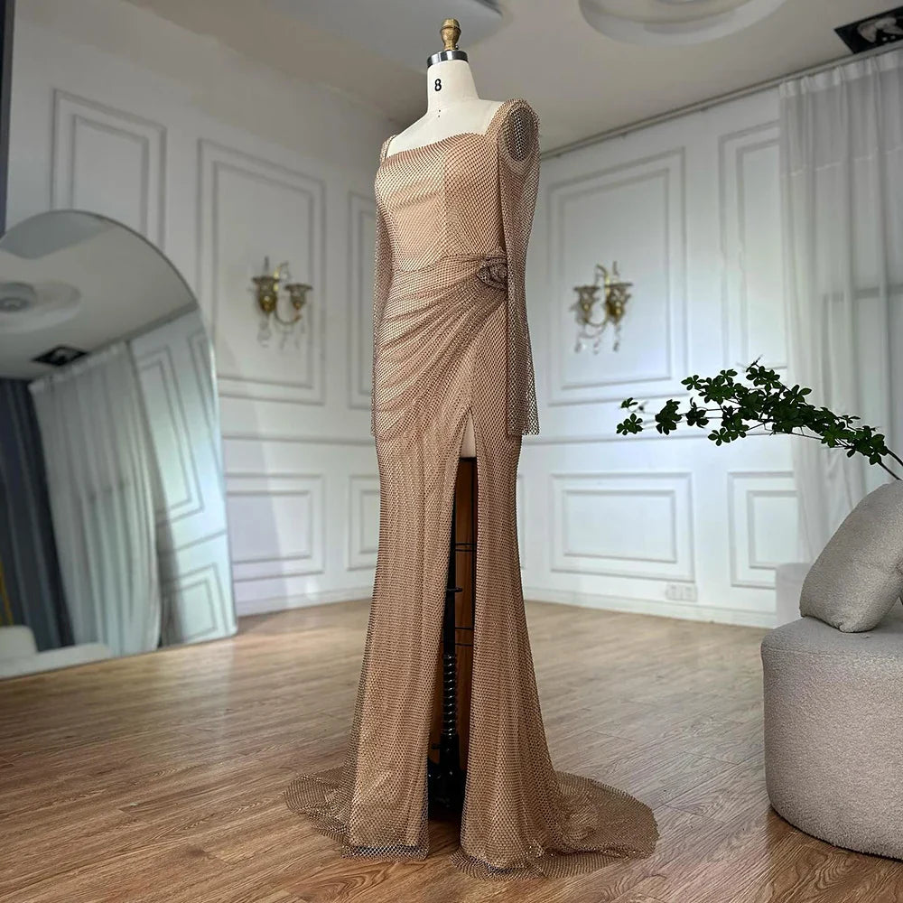 Luxury Dubai Customize  Nude Elegant High Split Beaded Mermaid Saudi Arabic Evening Dresses Gown For Formal Occasion LA72801A