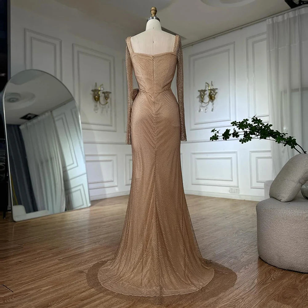 Luxury Dubai Customize  Nude Elegant High Split Beaded Mermaid Saudi Arabic Evening Dresses Gown For Formal Occasion LA72801A
