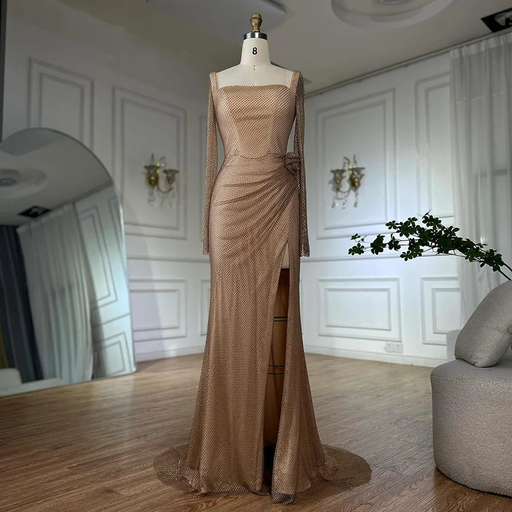 Luxury Dubai Customize  Nude Elegant High Split Beaded Mermaid Saudi Arabic Evening Dresses Gown For Formal Occasion LA72801A