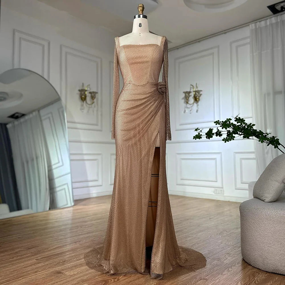 Luxury Dubai Customize  Nude Elegant High Split Beaded Mermaid Saudi Arabic Evening Dresses Gown For Formal Occasion LA72801A