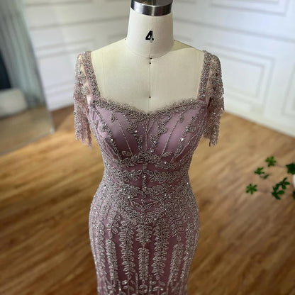 Pink Mermaid Beaded Evening Dress with Short Sleeves LA72787
