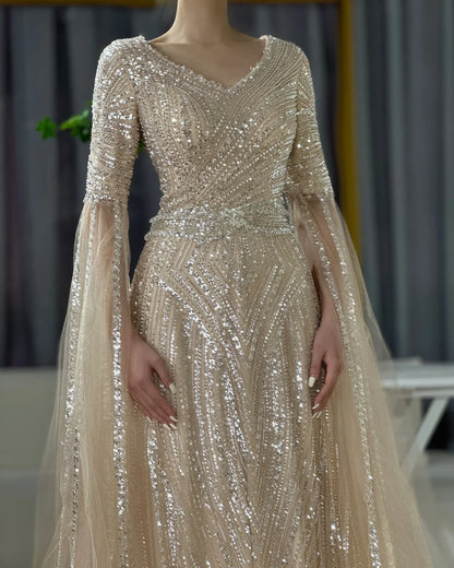 Luxury Dubai Caramel A-Line Beaded Evening Dress with Cape Sleeves LA72798