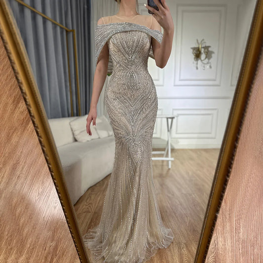 Luxuriöses Abendkleid im Meerjungfrau-Stil aus Dubai, Saudi-Arabien, mit Perlen in Nude-Silber für formelle Anlässe LA72800 