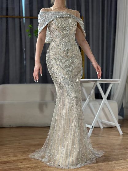Luxury Dubai   Saudi Arabic Silver Nude Beaded Mermaid Evening Dress Gown for Formal Occasion LA72800