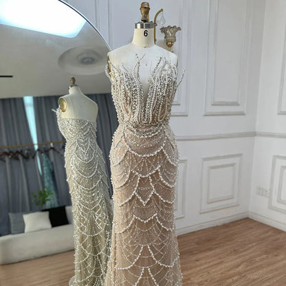 Luxury Dubai   Nude Saudi Pearls Beaded Mermaid Evening Dresses Gowns for Formal Occasion LA72816