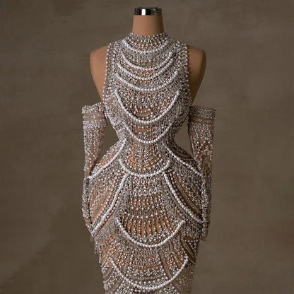 Luxury Dubai  Arabia Nude Mermaid Elegant Evening Dress Gowns with Pearls Beaded for Formal Occasion  LA72091A