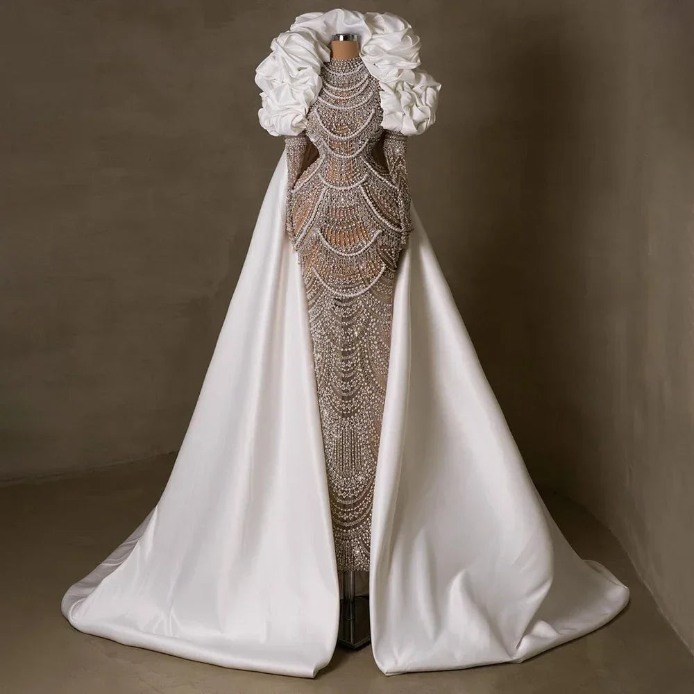 Luxury Dubai  Arabia Nude Mermaid Elegant Evening Dress Gowns with Pearls Beaded for Formal Occasion  LA72091A