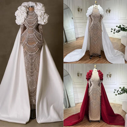 Luxury Dubai  Arabia White Nude Pearls Beaded Mermaid Long Cloak Dubai Evening Dress for Formal Occasion LA72091C