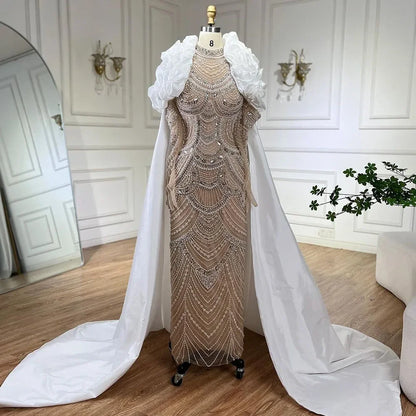 Luxury Dubai  Arabia White Nude Pearls Beaded Mermaid Long Cloak Dubai Evening Dress for Formal Occasion LA72091C