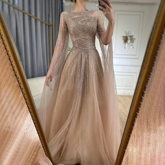 Dubai Caramel A-Line Beaded Evening Dress with Cape Sleeves LA72799