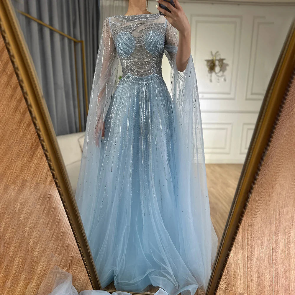 Dubai Caramel A-Line Beaded Evening Dress with Cape Sleeves LA72799