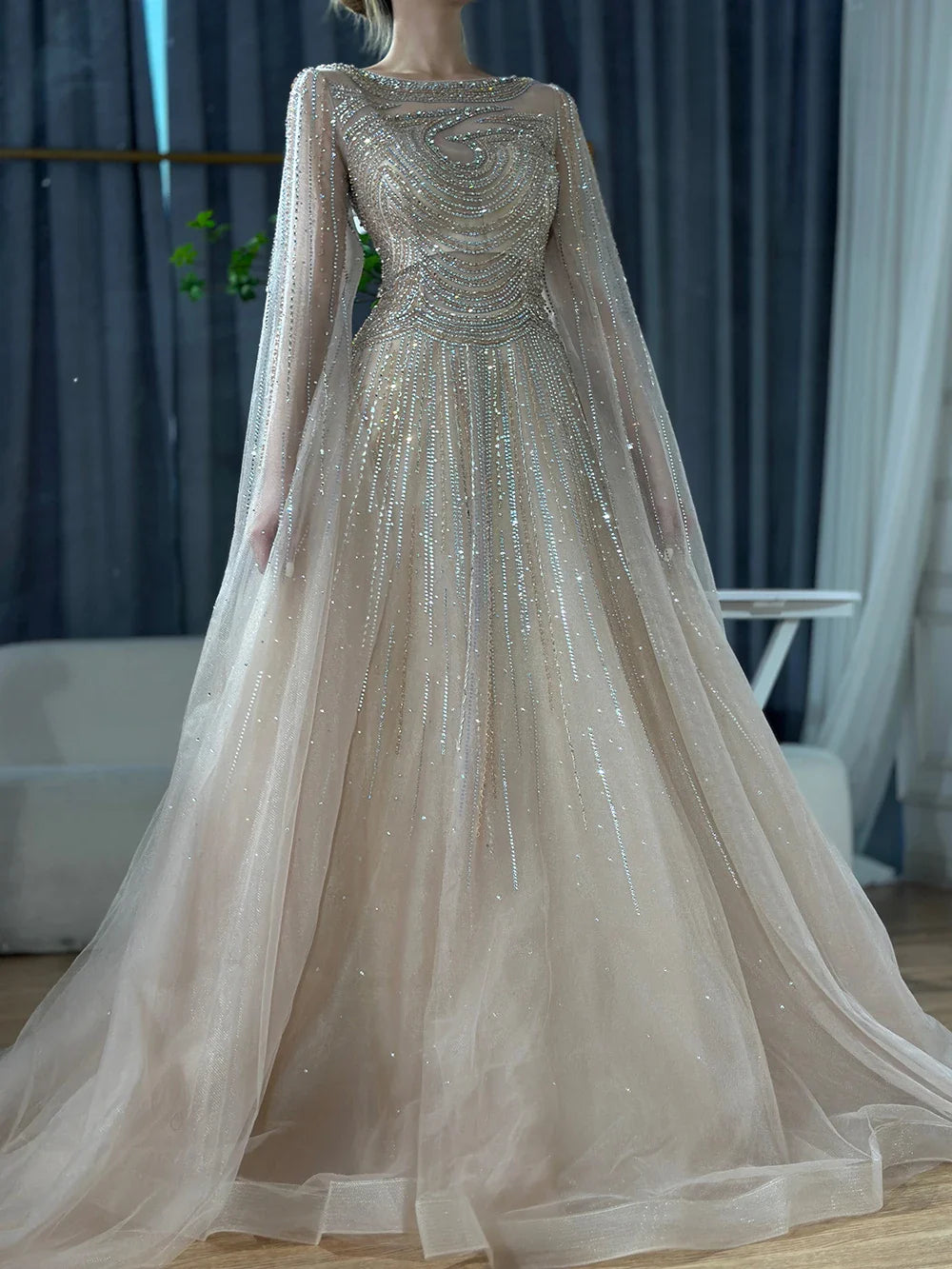 Dubai Caramel A-Line Beaded Evening Dress with Cape Sleeves LA72799