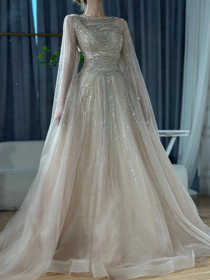 Dubai Caramel A-Line Beaded Evening Dress with Cape Sleeves LA72799