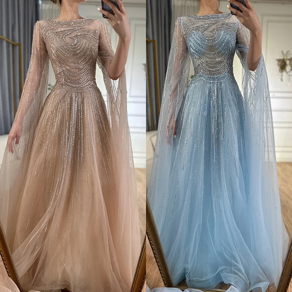 Dubai Caramel A-Line Beaded Evening Dress with Cape Sleeves LA72799