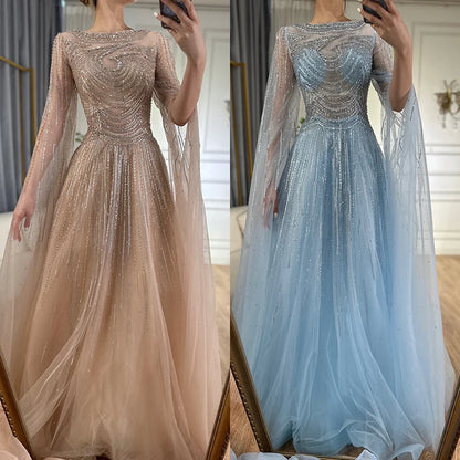 Dubai Caramel A-Line Beaded Evening Dress with Cape Sleeves LA72799