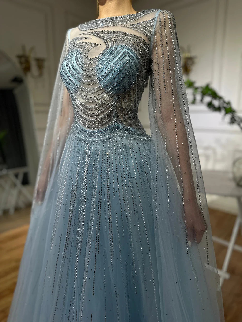 Dubai Caramel A-Line Beaded Evening Dress with Cape Sleeves LA72799
