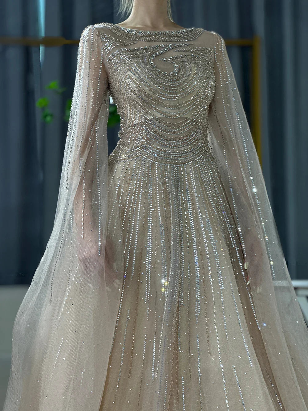 Dubai Caramel A-Line Beaded Evening Dress with Cape Sleeves LA72799