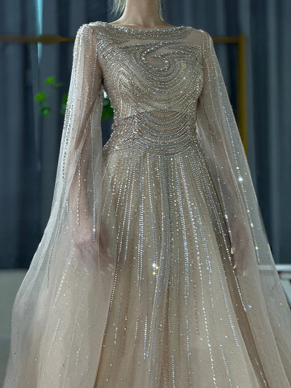 Dubai Caramel A-Line Beaded Evening Dress with Cape Sleeves LA72799