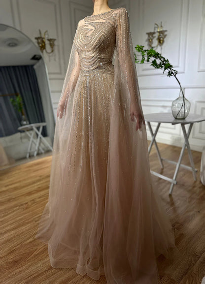 Dubai Caramel A-Line Beaded Evening Dress with Cape Sleeves LA72799