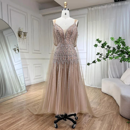 فساتين سهرة فاخرة من دبي العربية بتصميم A-line مع حمالات متوسطة الطول مطرزة بالخرز، فساتين سهرة نسائية لحفلات الزفاف LA71911
