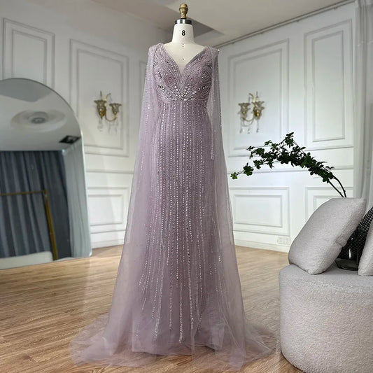 Luxury Dubai  Pink Cape Sleeves Beaded Evening Dresses Gowns For Women Wedding Party  LA72864
