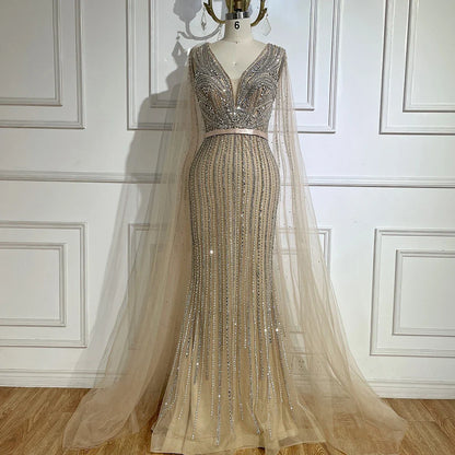 Luxury Dubai  Pink Cape Sleeves Beaded Evening Dresses Gowns For Women Wedding Party  LA72864